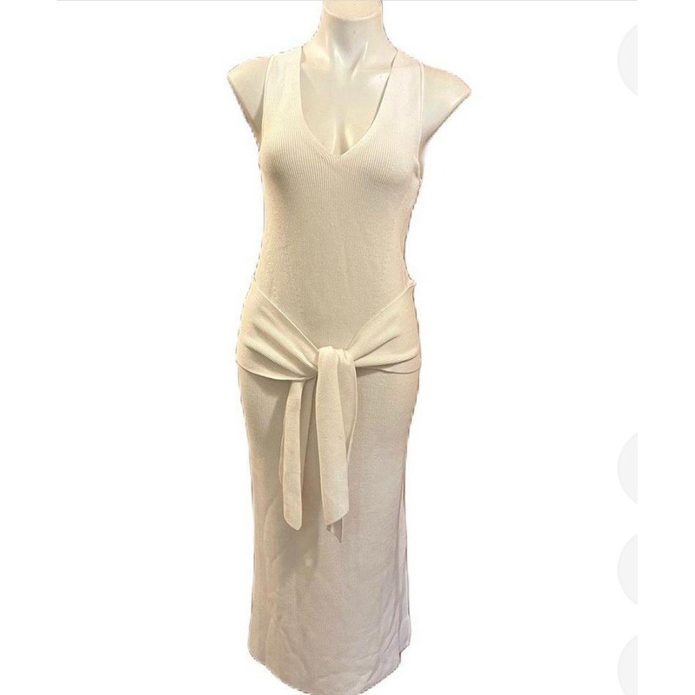 Rag & Bone White Ribbed Knit V-Neck Tie Waist Midi Dress Cotton Rayon S